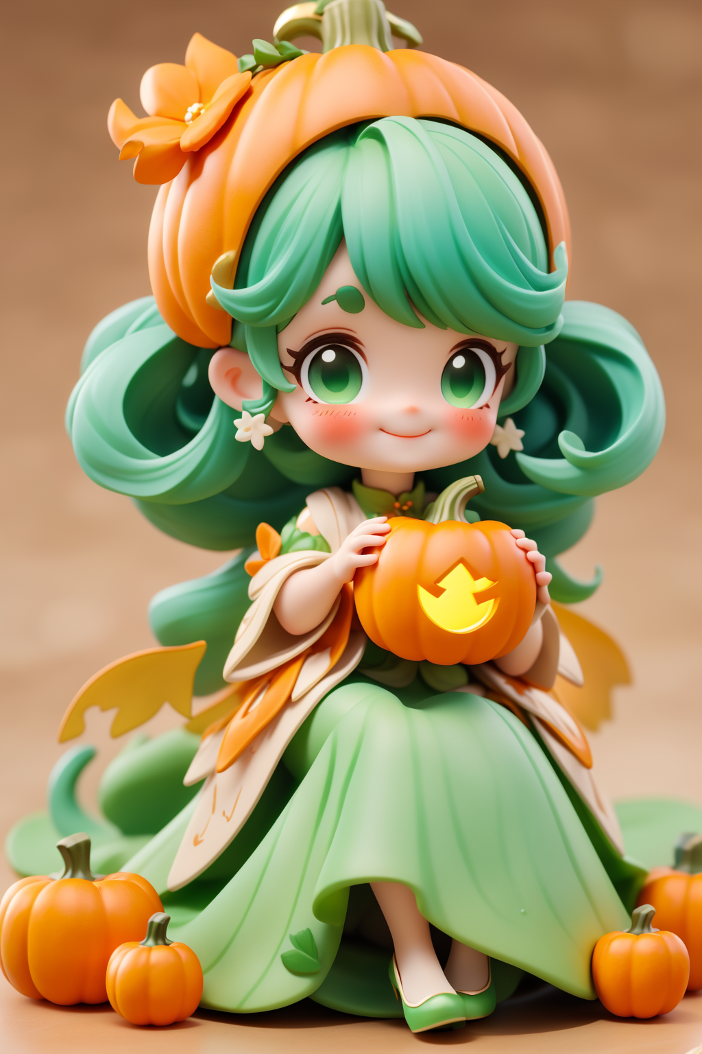 01238-1295966585-AI IP,1girl,solo,pumpkin,long hair,looking at viewer,green hair,sitting,dress,green eyes,leaf,earrings,blush,smile,jack-o'-lante.png